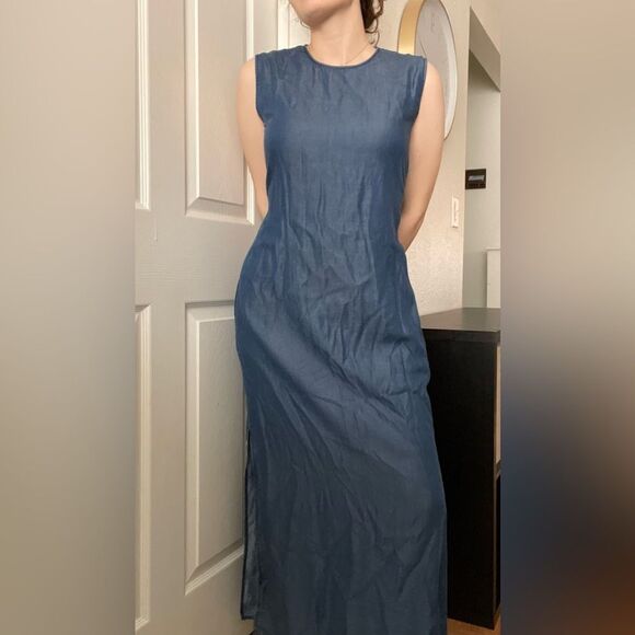 Zara Chambray Maxi Dress Sleeveless High Neck Classic Sz Large Blue Tencel - Picture 2 of 7